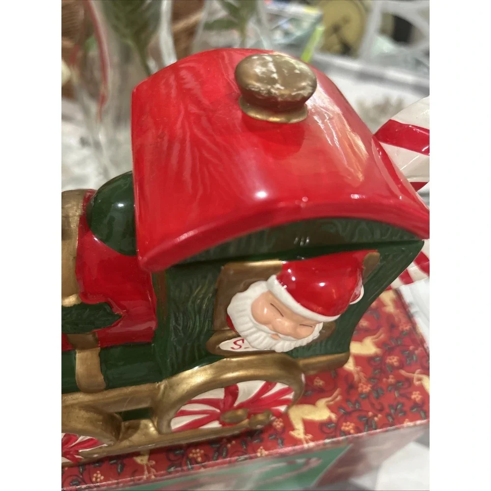 Vintage‎ Peppermint Santa Train Teapot In Box 1994 Hermitage Pottery WITH LID